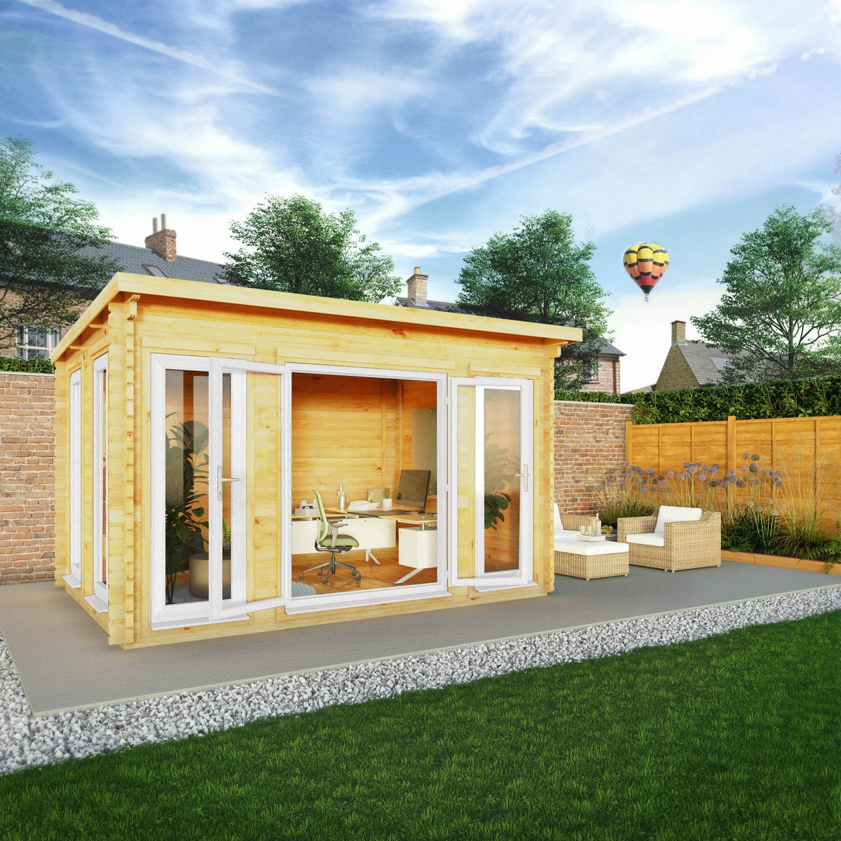 Mercia Studio 10' 11" x 13' 2" Pent Log Cabin - Premium 44mm Cladding Loglap - White UPVC