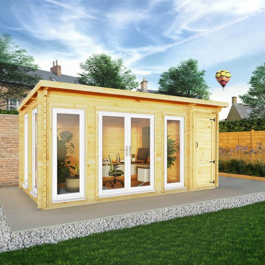 Mercia Studio 10' 11" x 16' 10" Pent Cabin with Shed - Premium 44mm Cladding Loglap - White UPVC