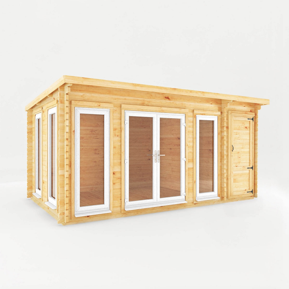 Mercia Studio 10' 11" x 16' 10" Pent Cabin with Shed - Premium 44mm Cladding Loglap - White UPVC