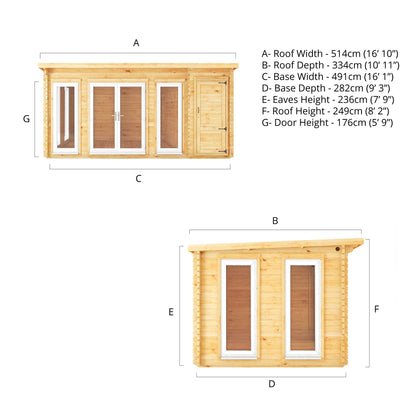 Mercia Studio 10' 11" x 16' 10" Pent Cabin with Shed - Premium 44mm Cladding Loglap - White UPVC