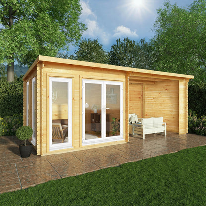 Mercia Studio 10' 11" x 19' 4" Pent Log Cabin - Premium 44mm Cladding Loglap - White UPVC
