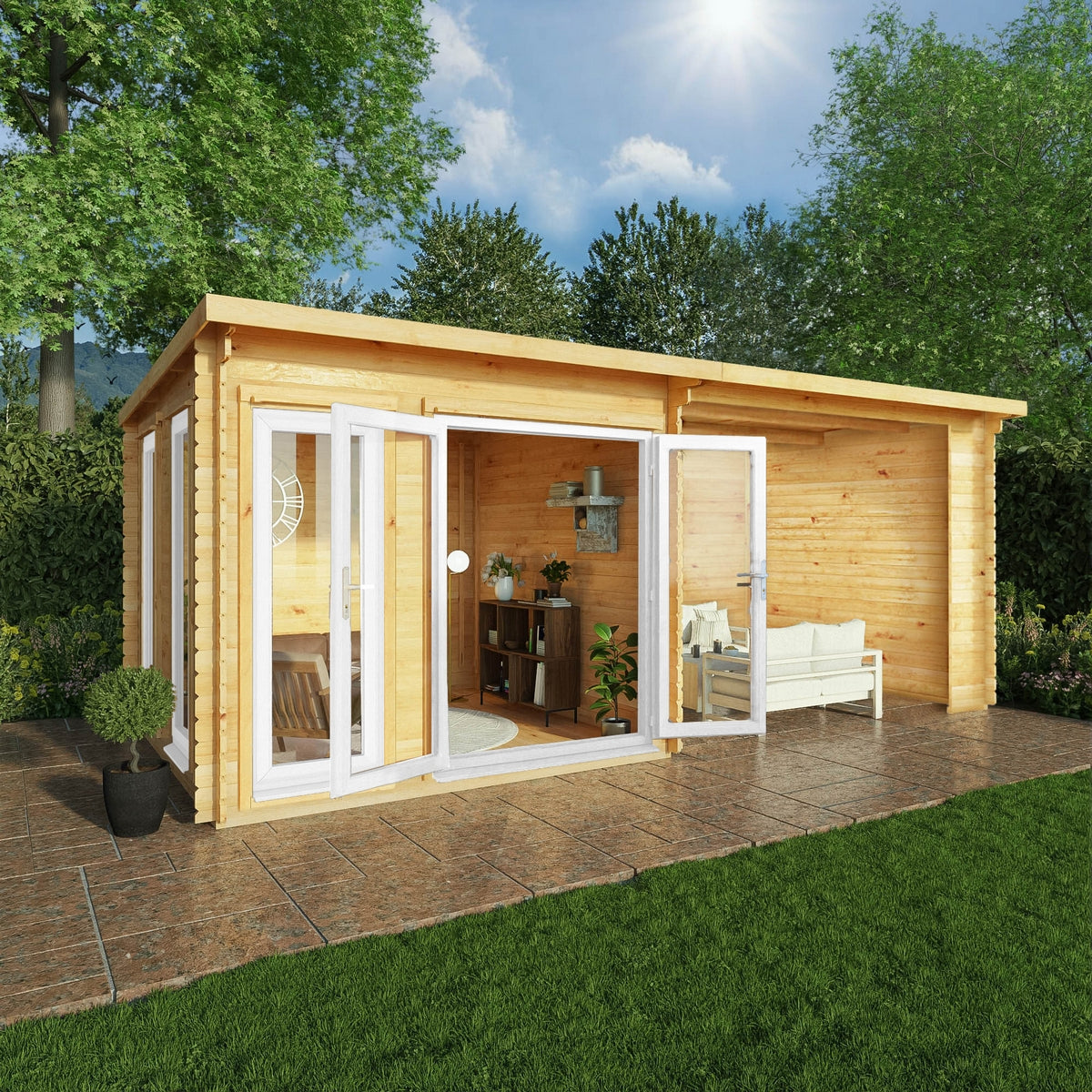 Mercia Studio 10' 11" x 19' 4" Pent Log Cabin - Premium 44mm Cladding Loglap - White UPVC