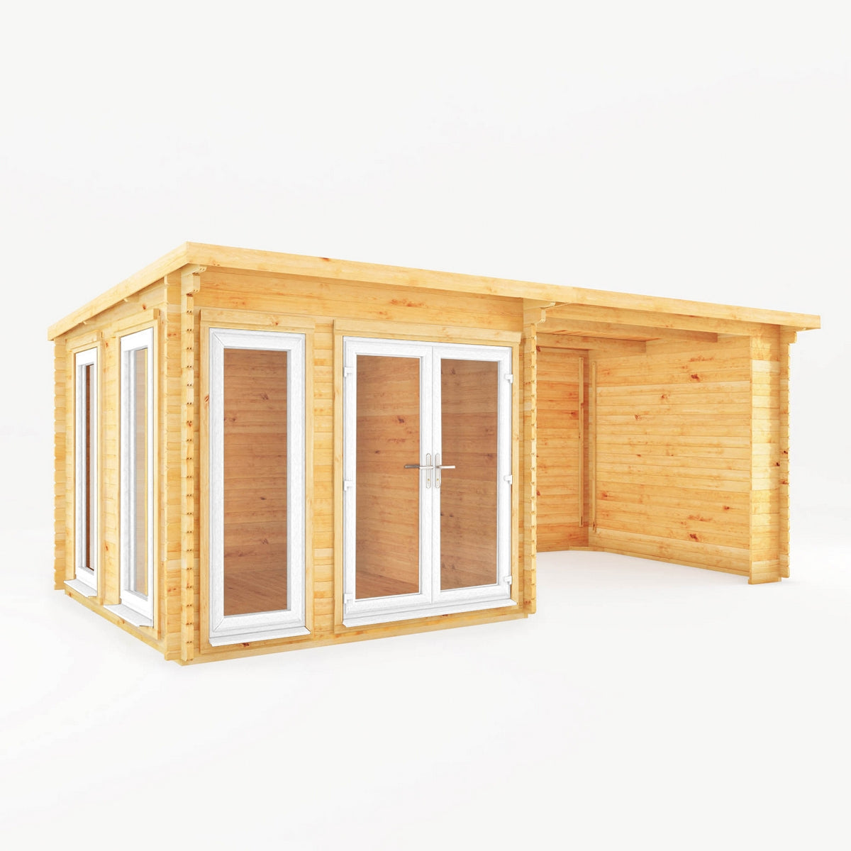 Mercia Studio 10' 11" x 19' 4" Pent Log Cabin - Premium 44mm Cladding Loglap - White UPVC