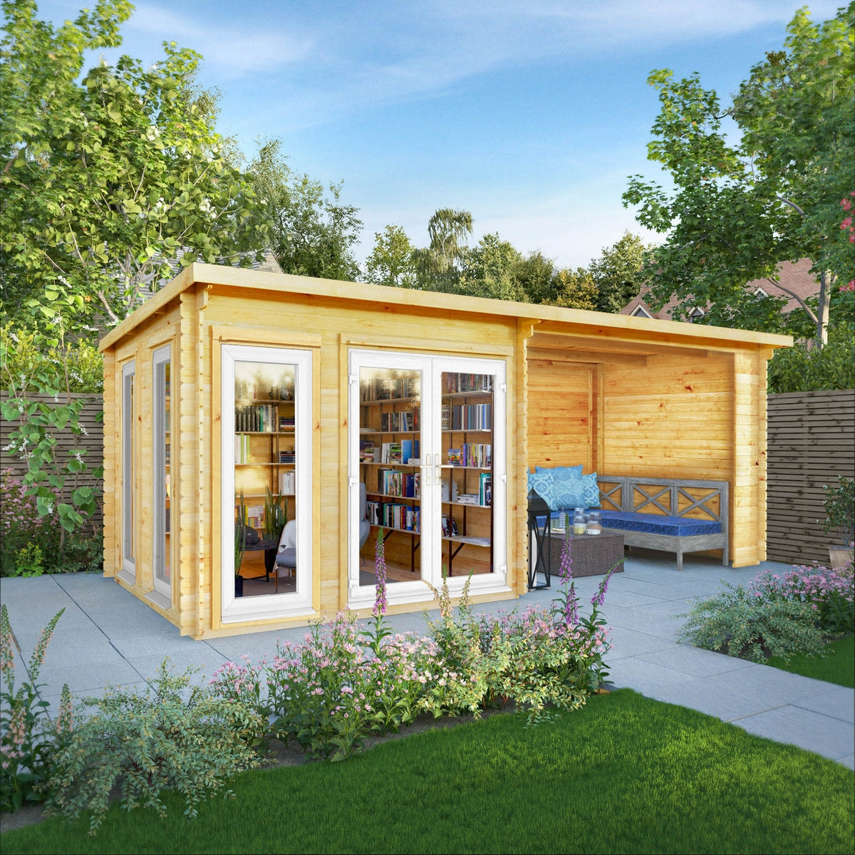 Mercia Studio 10' 11" x 19' 4" Pent Log Cabin - Premium 44mm Cladding Loglap - White UPVC