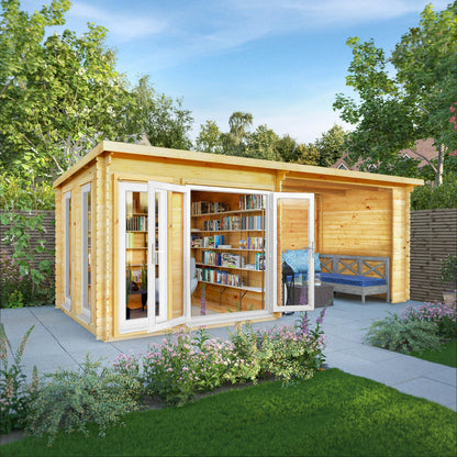 Mercia Studio 10' 11" x 19' 4" Pent Log Cabin - Premium 44mm Cladding Loglap - White UPVC
