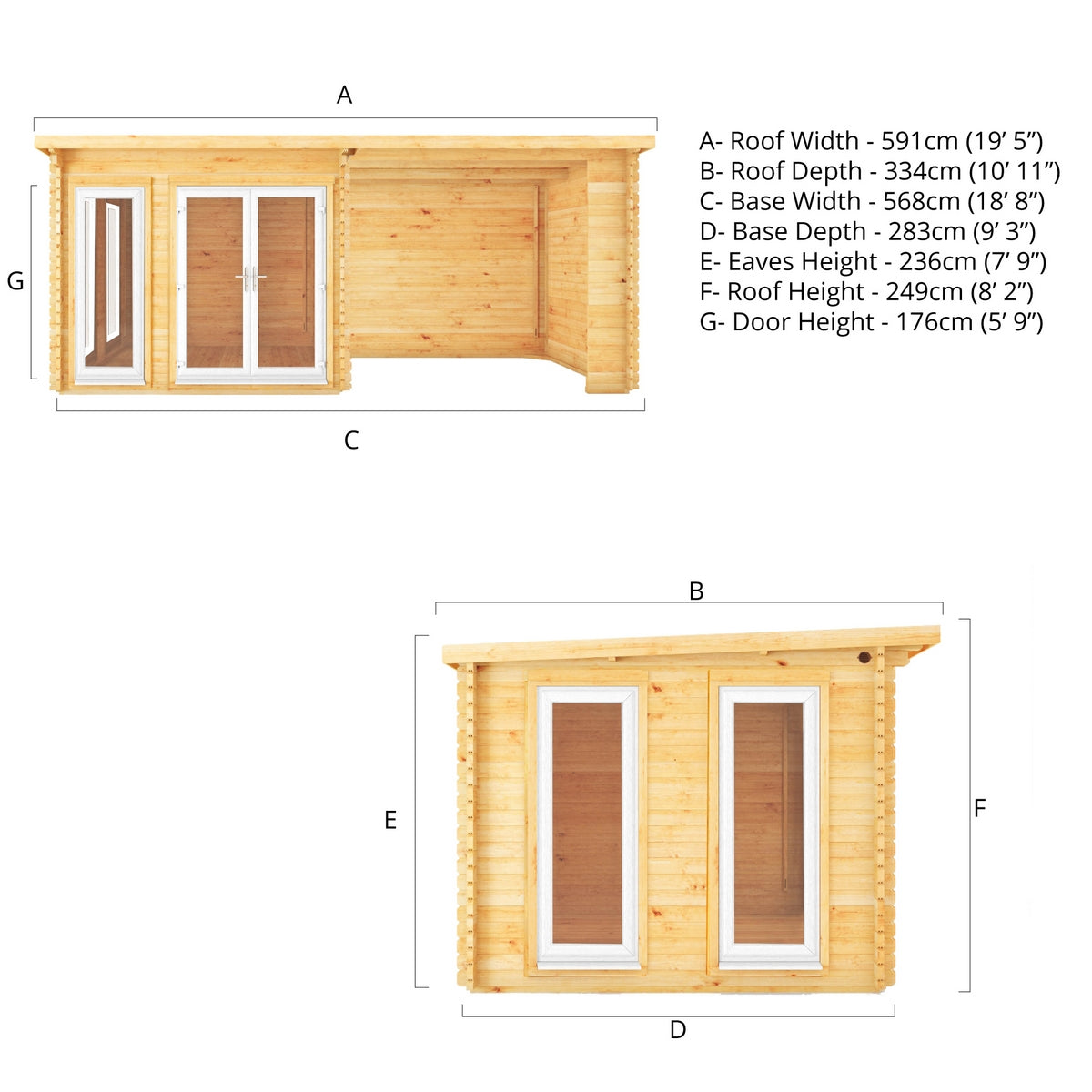 Mercia Studio 10' 11" x 19' 4" Pent Log Cabin - Premium 44mm Cladding Loglap - White UPVC