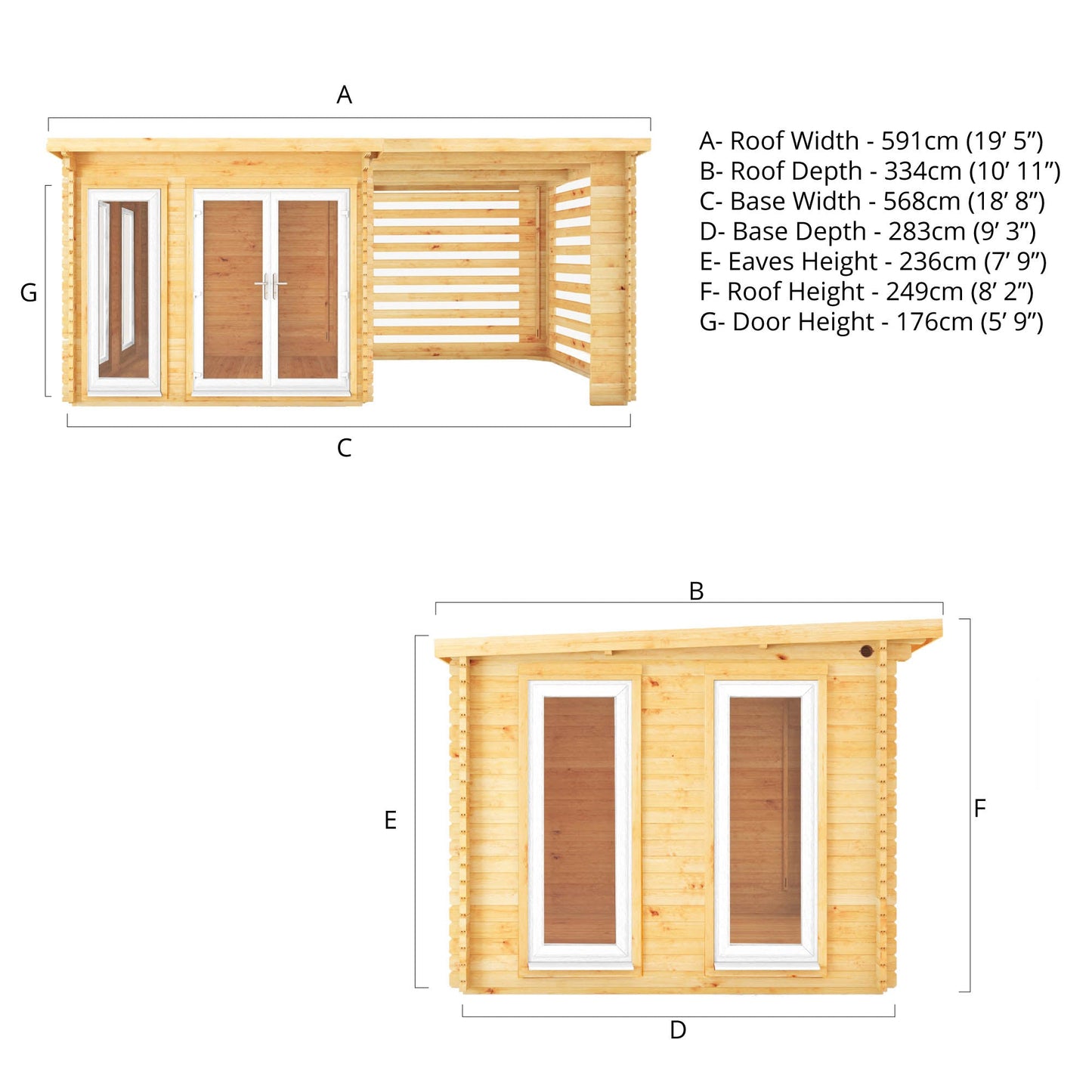 Mercia Studio 10' 11" x 19' 4" Pent Log Cabin Slatted - Premium 44mm Cladding Loglap - White UPVC