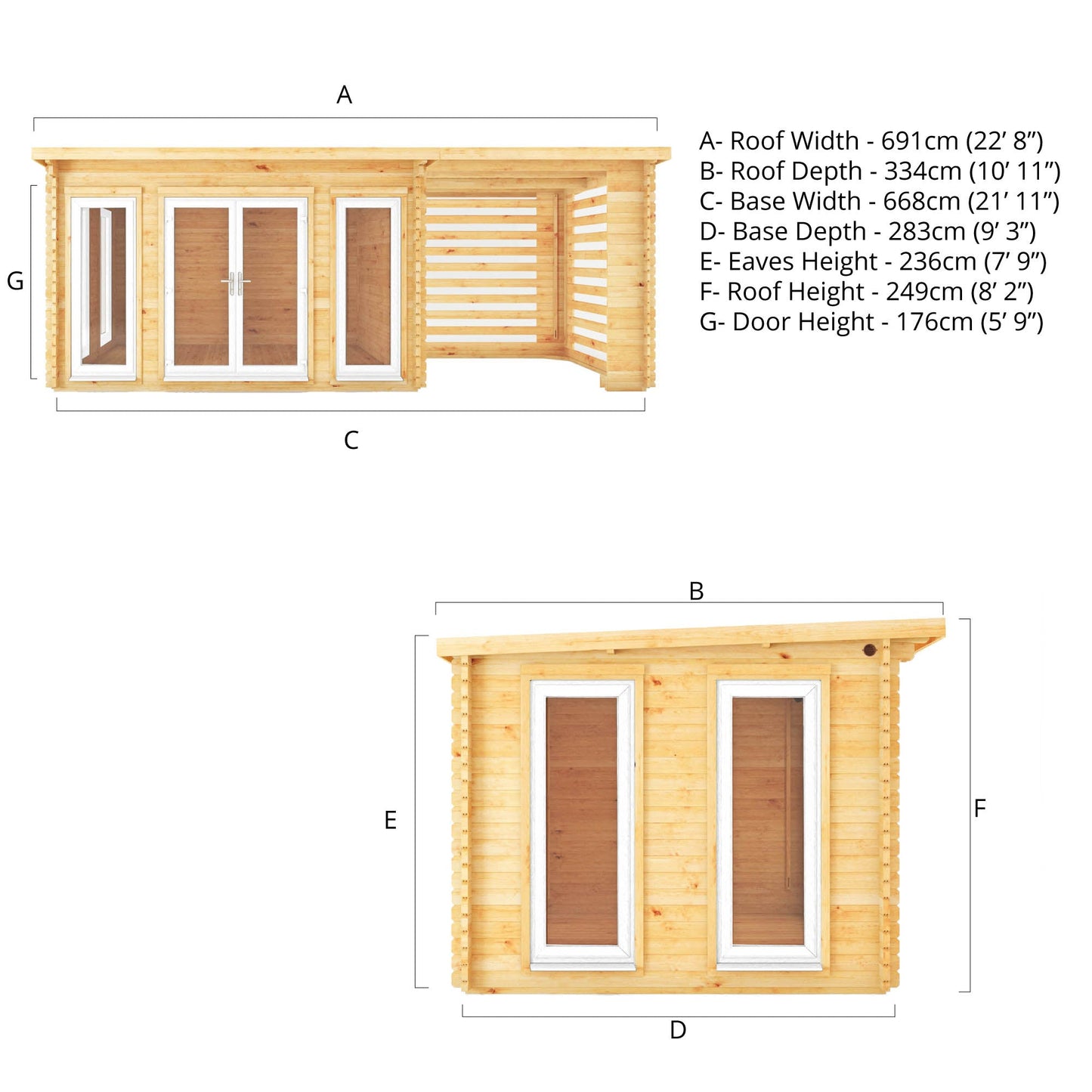 Mercia Studio 10' 11" x 22' 8" Pent Log Cabin Slatted - Premium 44mm Cladding Loglap - White UPVC