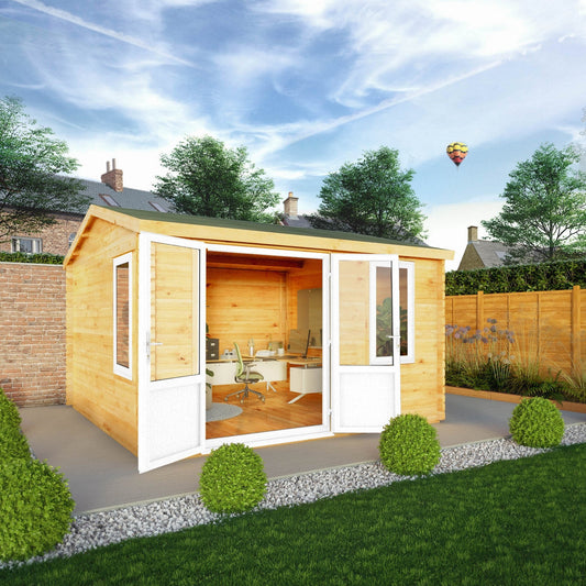 Mercia Elite 13' 6" x 13' 2" Apex Log Cabin - Premium 44mm Cladding Loglap - White UPVC