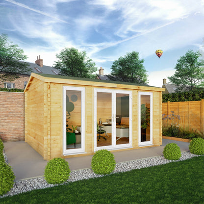 Mercia Studio 11' 11" x 14' 10" Apex Log Cabin - Premium 44mm Cladding Loglap - White UPVC