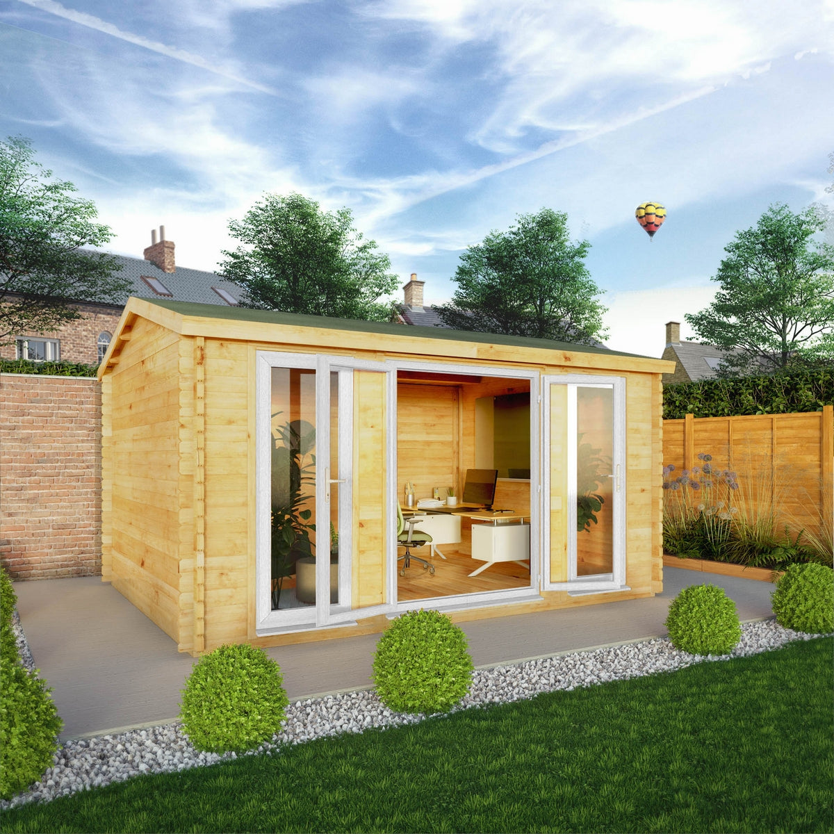 Mercia Studio 11' 11" x 14' 10" Apex Log Cabin - Premium 44mm Cladding Loglap - White UPVC