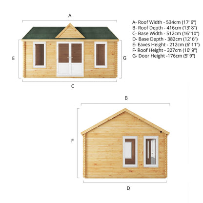 Mercia Clock Tower 13' 7" x 17' 6" Apex Log Cabin - Premium 44mm Cladding Loglap - White UPVC