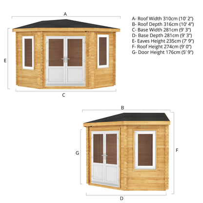 Mercia Corner 10' 4" x 10' 2" Hip Log Cabin - Premium 44mm Cladding Loglap - White UPVC