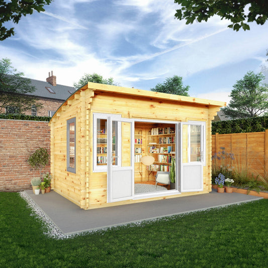 Mercia Helios 11' 5" x 13' 4" Curved Log Cabin - Premium 44mm Cladding Loglap - White UPVC