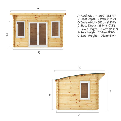 Mercia Helios 11' 5" x 13' 4" Curved Log Cabin - Premium 44mm Cladding Loglap - White UPVC