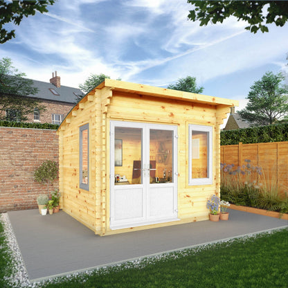 Mercia Helios 11' 5" x 10' Curved Log Cabin - Premium 44mm Cladding Loglap - White UPVC