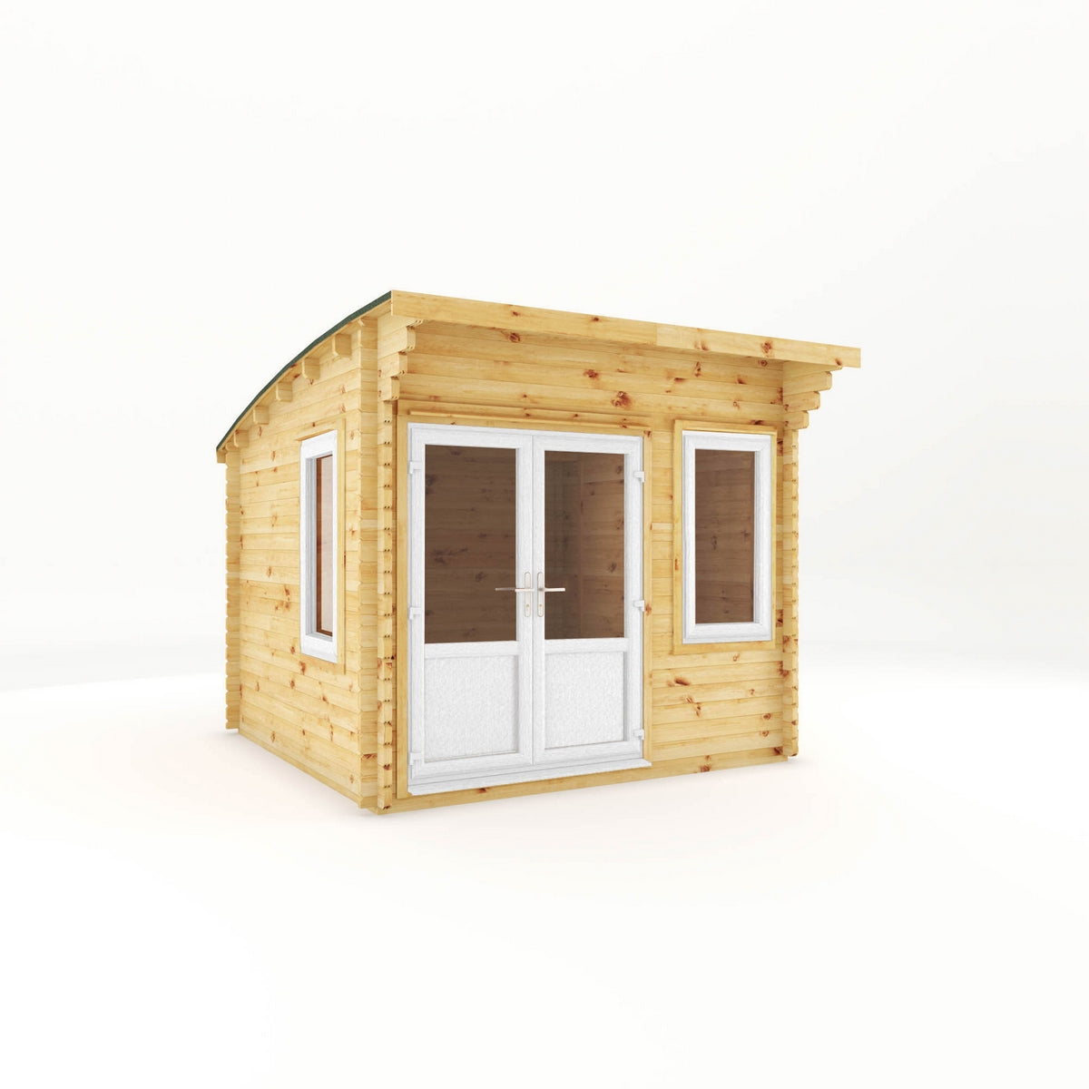Mercia Helios 11' 5" x 10' Curved Log Cabin - Premium 44mm Cladding Loglap - White UPVC