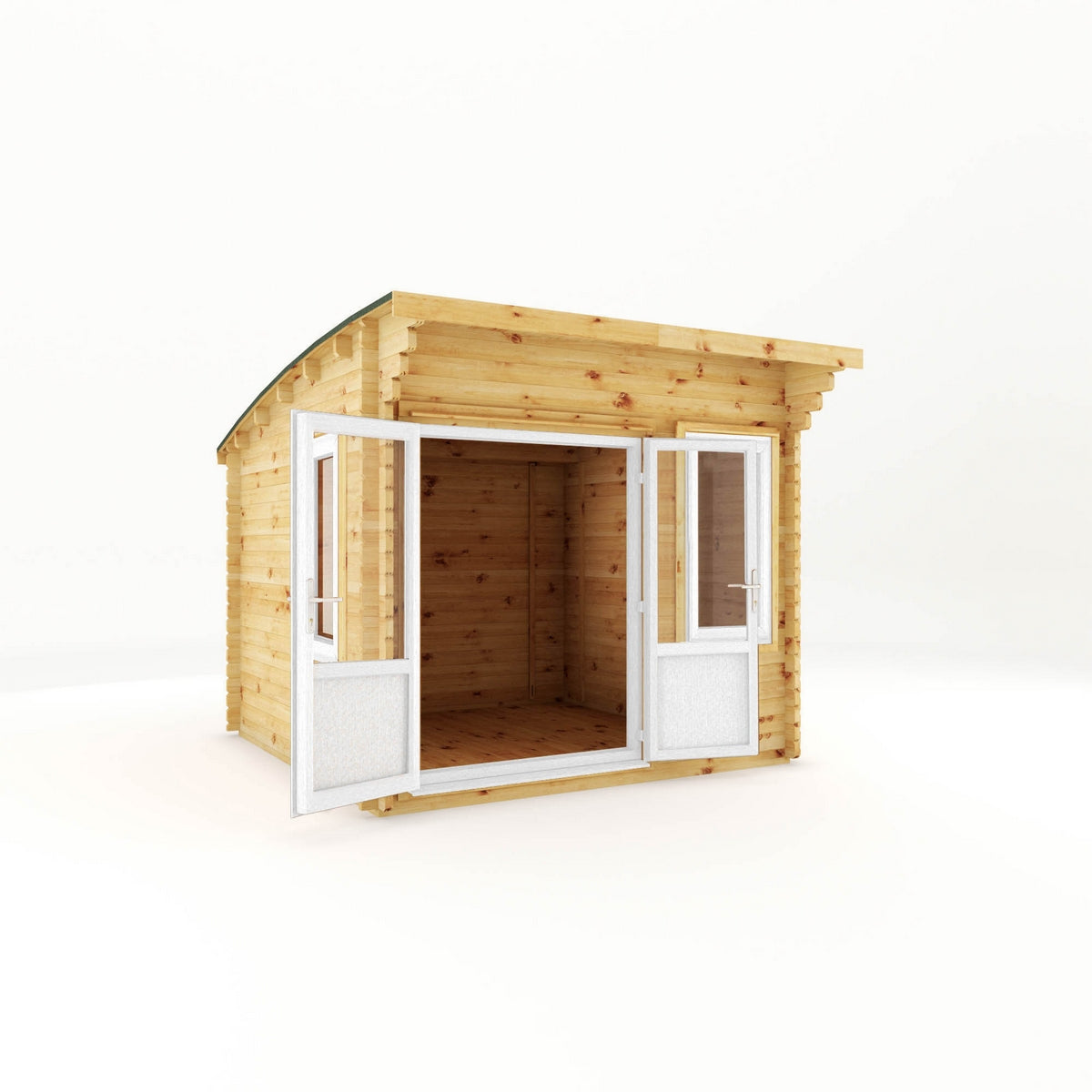 Mercia Helios 11' 5" x 10' Curved Log Cabin - Premium 44mm Cladding Loglap - White UPVC