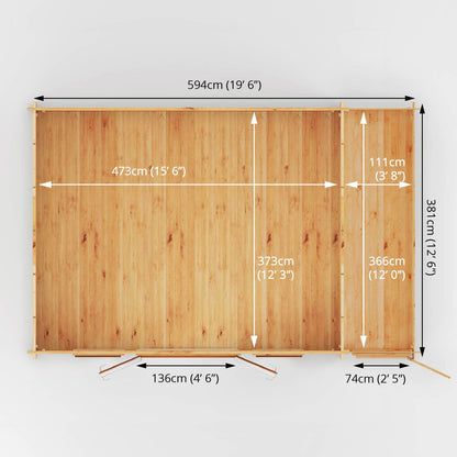 Mercia Studio 13' 7" x 20' 2" Apex Log Cabin - Premium 44mm Cladding Loglap - Brown UPVC