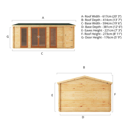 Mercia Studio 13' 7" x 20' 2" Apex Log Cabin - Premium 44mm Cladding Loglap - Brown UPVC
