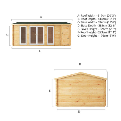 Mercia Studio 13' 7" x 20' 2" Apex Log Cabin - Premium 44mm Cladding Loglap - White UPVC