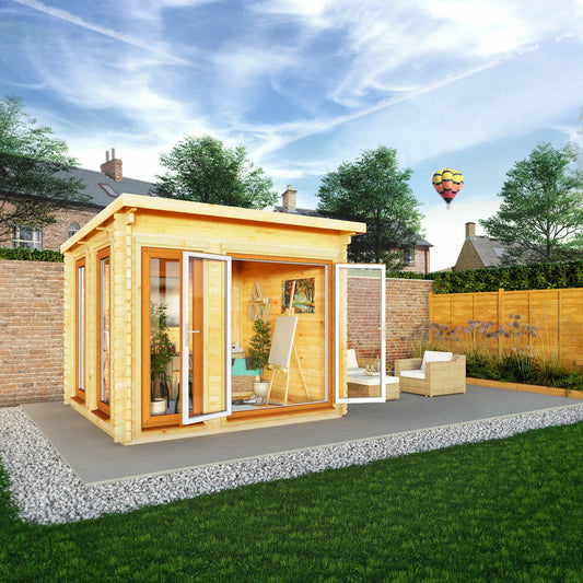 Mercia Studio 9' 11" x 9' 11" Pent Log Cabin - Premium 44mm Cladding Loglap - Brown UPVC