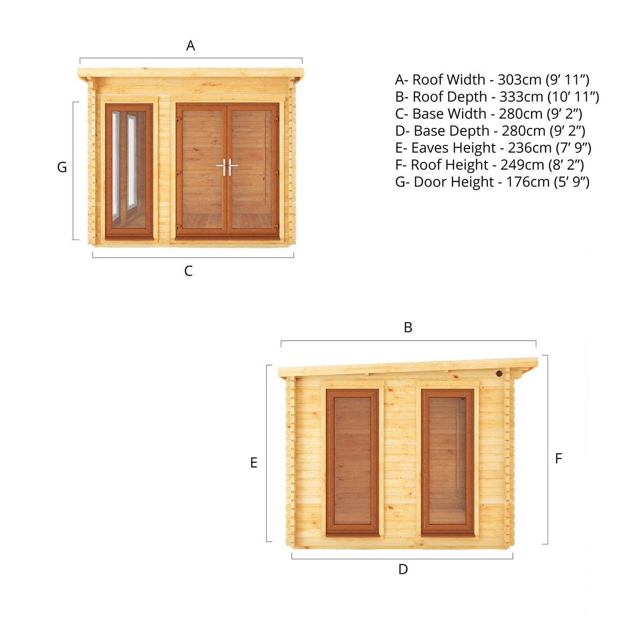 Mercia Studio 9' 11" x 9' 11" Pent Log Cabin - Premium 44mm Cladding Loglap - Brown UPVC