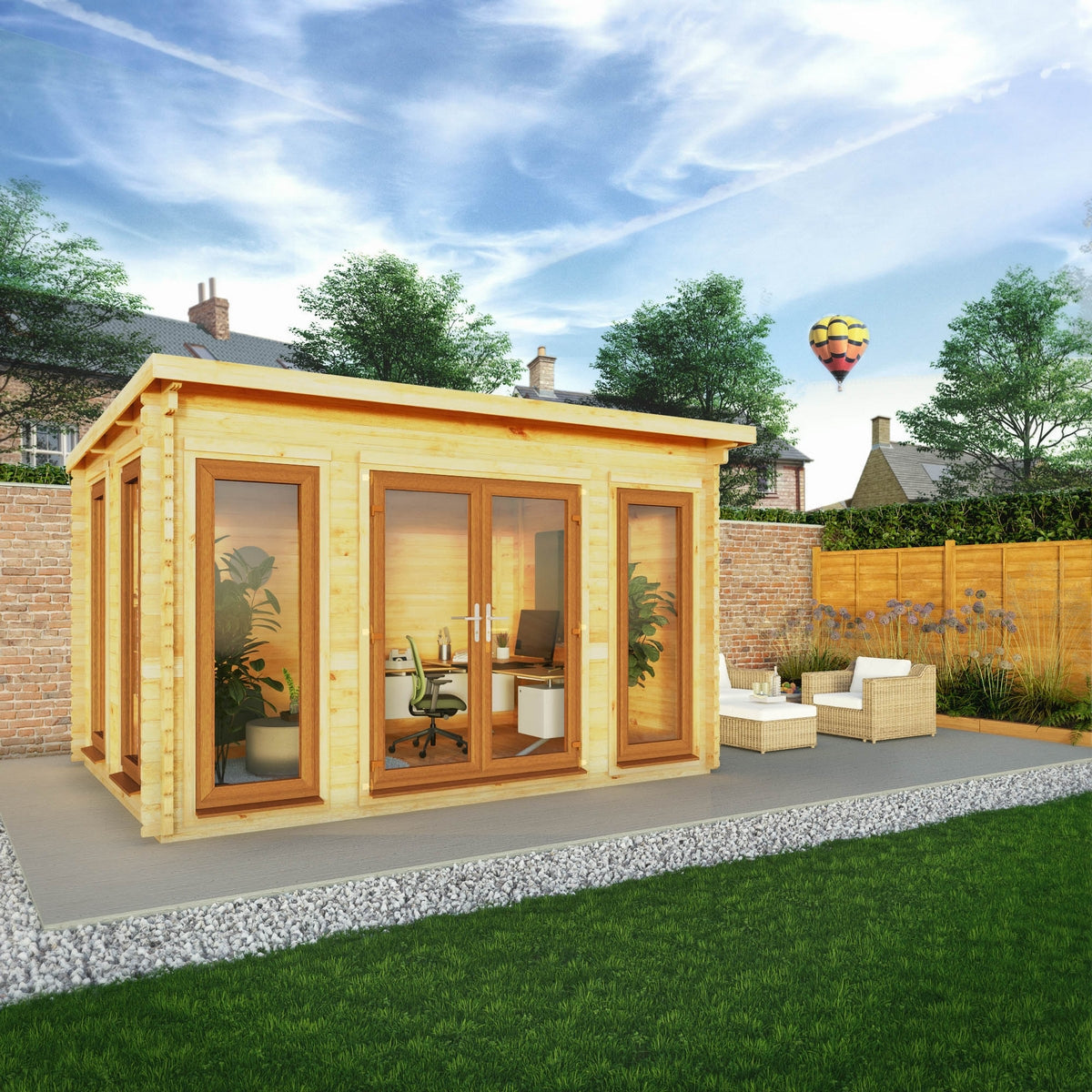 Mercia Studio 10' 11" x 13' 2" Pent Log Cabin - Premium 44mm Cladding Loglap - Brown UPVC