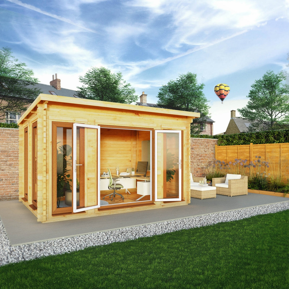 Mercia Studio 10' 11" x 13' 2" Pent Log Cabin - Premium 44mm Cladding Loglap - Brown UPVC