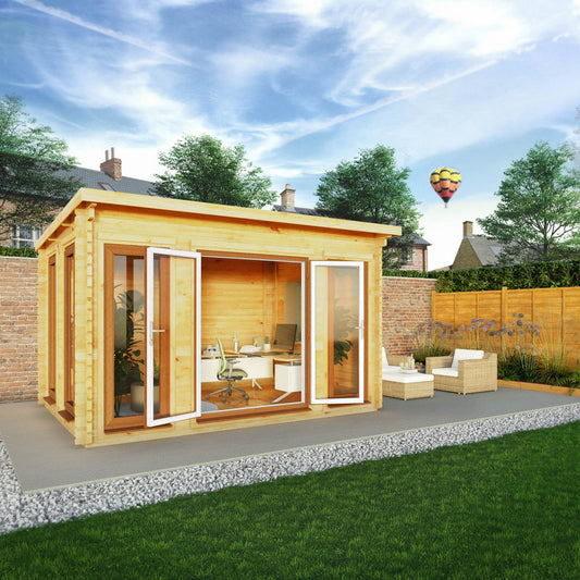 Mercia Studio 10' 11" x 13' 2" Pent Log Cabin - Premium 44mm Cladding Loglap - Brown UPVC