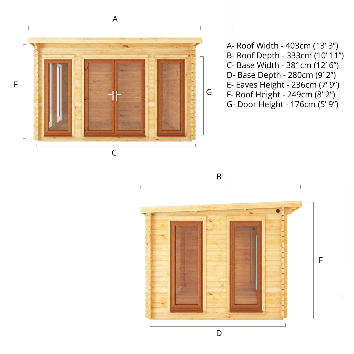Mercia Studio 10' 11" x 13' 2" Pent Log Cabin - Premium 44mm Cladding Loglap - Brown UPVC
