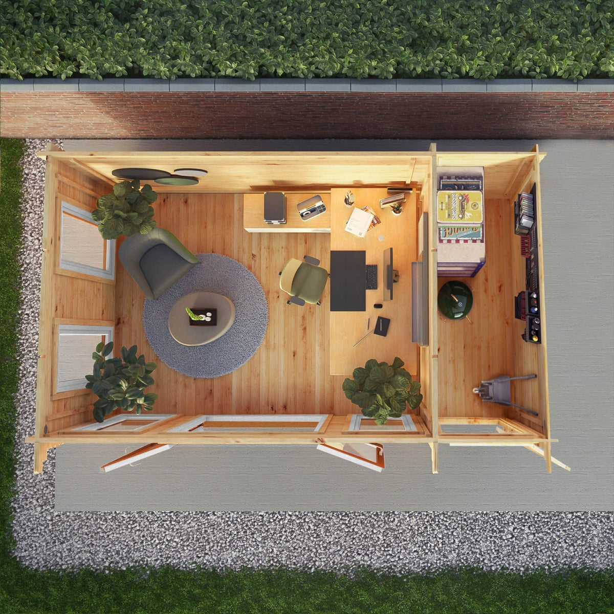 Mercia Studio 10' 11" x 16' 10" Pent Cabin with Shed - Premium 44mm Cladding Loglap - Brown UPVC