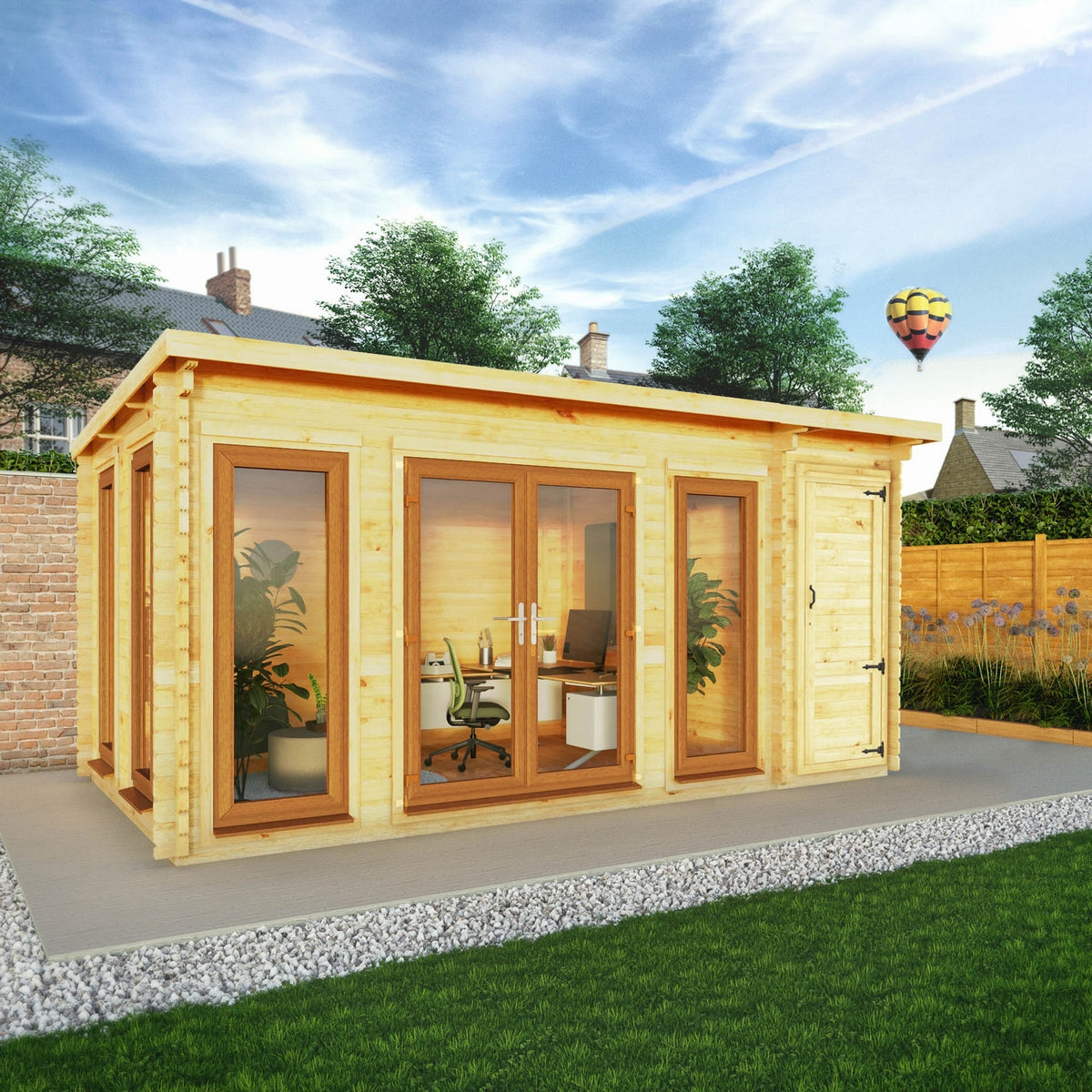 Mercia Studio 10' 11" x 16' 10" Pent Cabin with Shed - Premium 44mm Cladding Loglap - Brown UPVC