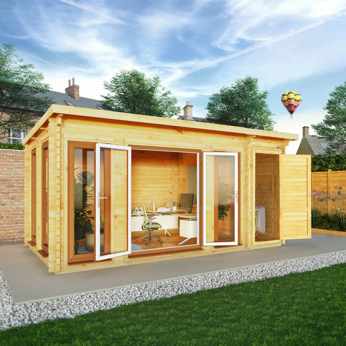 Mercia Studio 10' 11" x 16' 10" Pent Cabin with Shed - Premium 44mm Cladding Loglap - Brown UPVC