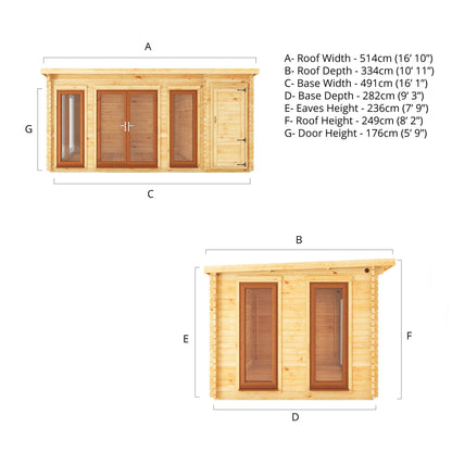Mercia Studio 10' 11" x 16' 10" Pent Cabin with Shed - Premium 44mm Cladding Loglap - Brown UPVC