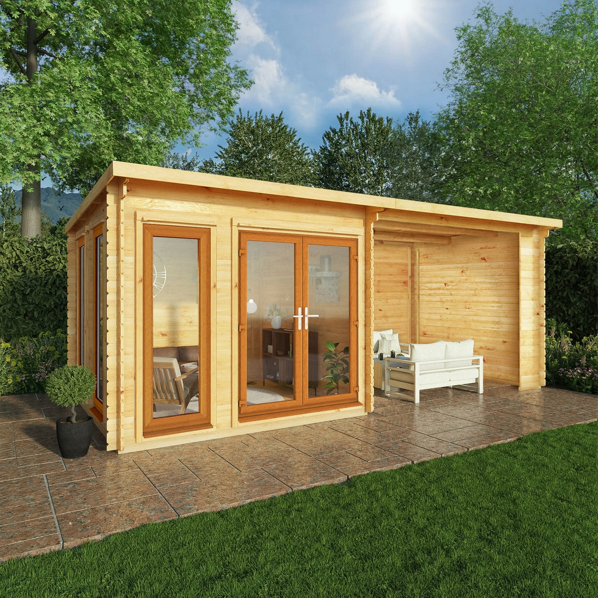 Mercia Studio 10' 11" x 19' 4" Pent Log Cabin - Premium 44mm Cladding Loglap - Brown UPVC