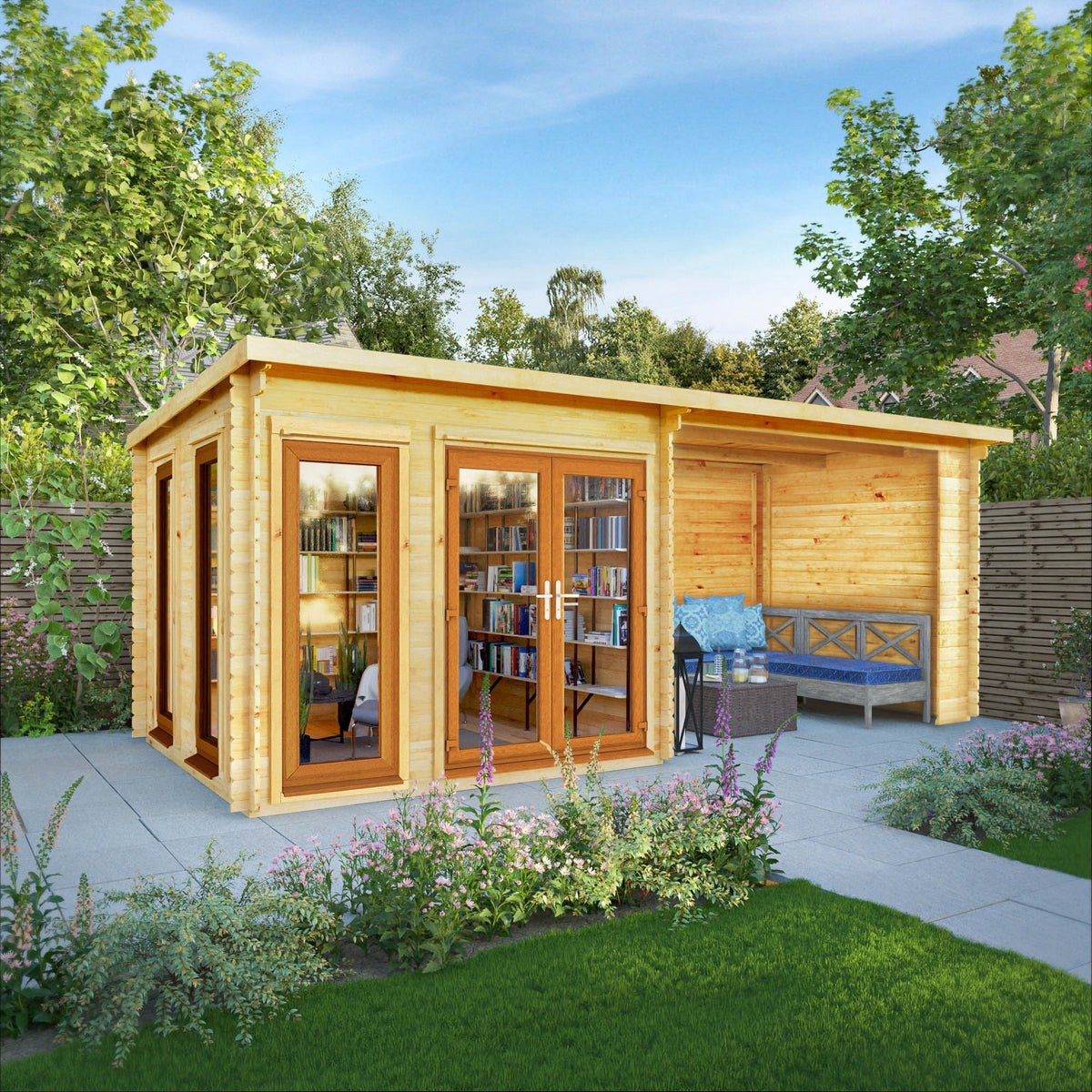 Mercia Studio 10' 11" x 19' 4" Pent Log Cabin - Premium 44mm Cladding Loglap - Brown UPVC