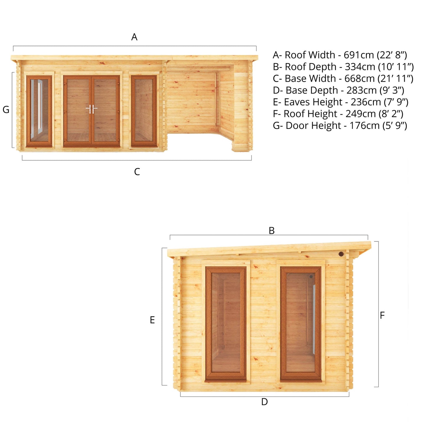 Mercia Studio 10' 11" x 22' 8" Pent Log Cabin - Premium 44mm Cladding Loglap - Brown UPVC