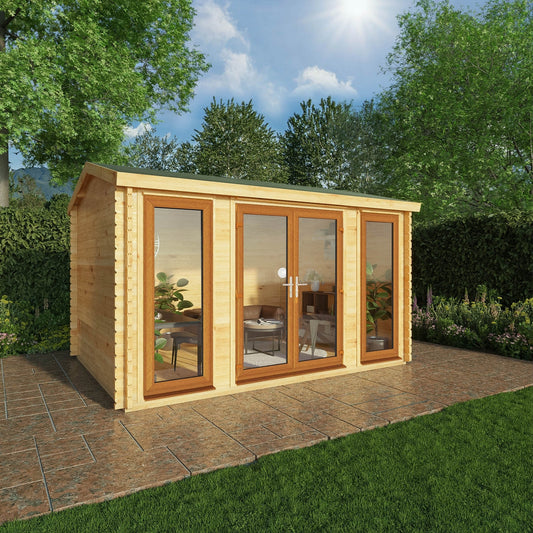 Mercia Studio 10' 3" x 13' 2" Apex Log Cabin - Premium 44mm Cladding Loglap - Brown UPVC