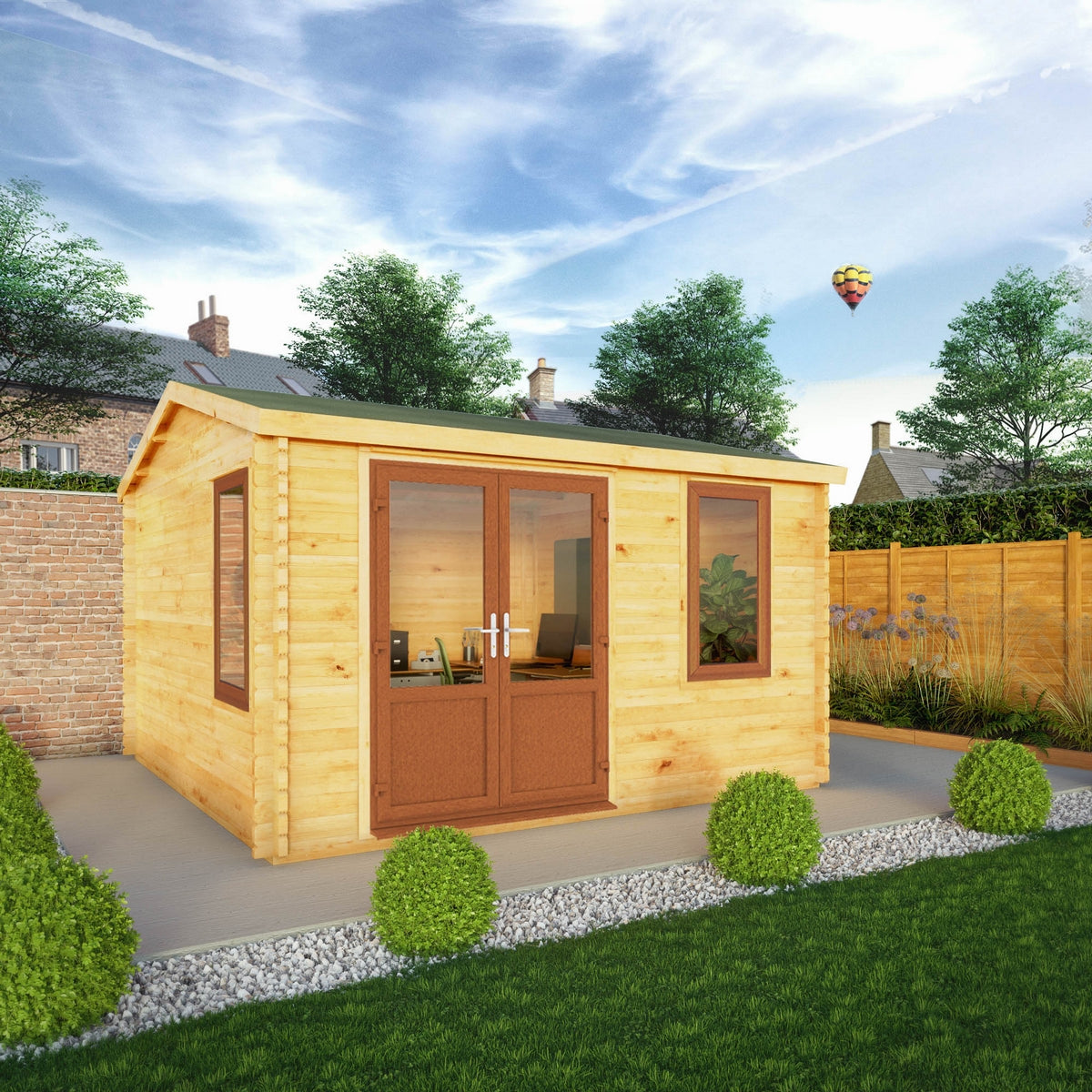 Mercia Elite 13' 6" x 13' 2" Apex Log Cabin - Premium 44mm Cladding Loglap - Brown UPVC