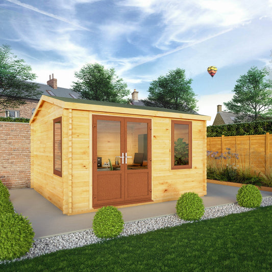 Mercia Elite 13' 6" x 13' 2" Apex Log Cabin - Premium 44mm Cladding Loglap - Brown UPVC