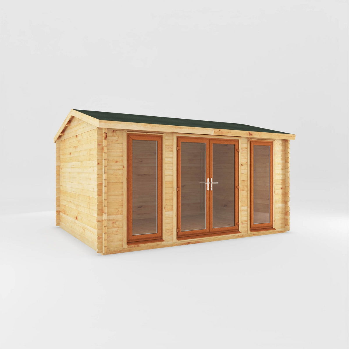 Mercia Studio 11' 11" x 14' 10" Apex Log Cabin - Premium 44mm Cladding Loglap - Brown UPVC