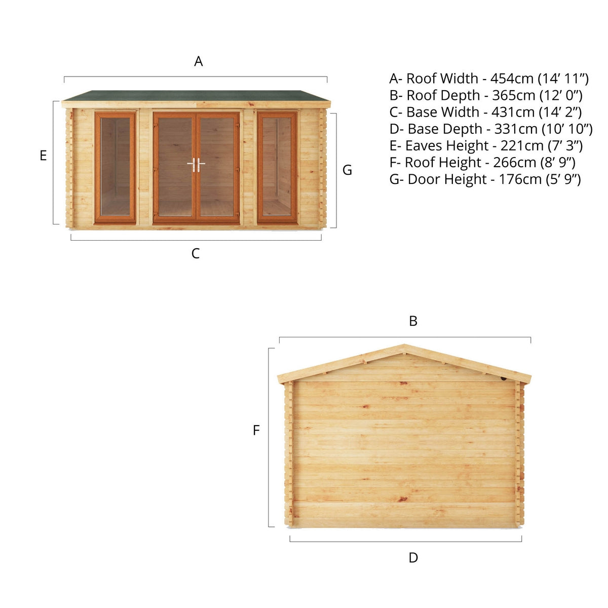 Mercia Studio 11' 11" x 14' 10" Apex Log Cabin - Premium 44mm Cladding Loglap - Brown UPVC