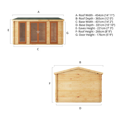 Mercia Studio 11' 11" x 14' 10" Apex Log Cabin - Premium 44mm Cladding Loglap - Brown UPVC