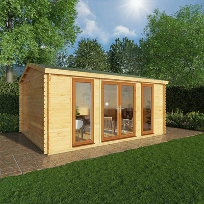 Mercia Studio 13' 7" x 16' 6" Apex Log Cabin - Premium 44mm Cladding Loglap - Brown UPVC