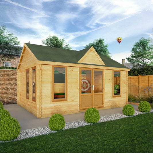 Mercia Clock Tower 13' 7" x 17' 6" Apex Log Cabin - Premium 44mm Cladding Loglap - Brown UPVC