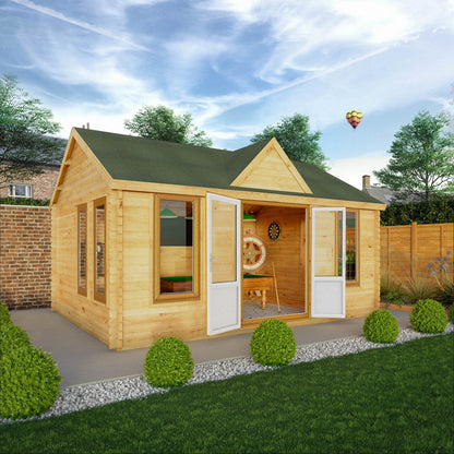 Mercia Clock Tower 13' 7" x 17' 6" Apex Log Cabin - Premium 44mm Cladding Loglap - Brown UPVC