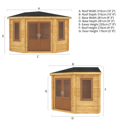 Mercia Corner 10' 4" x 10' 2" Hip Log Cabin - Premium 44mm Cladding Loglap - Brown UPVC