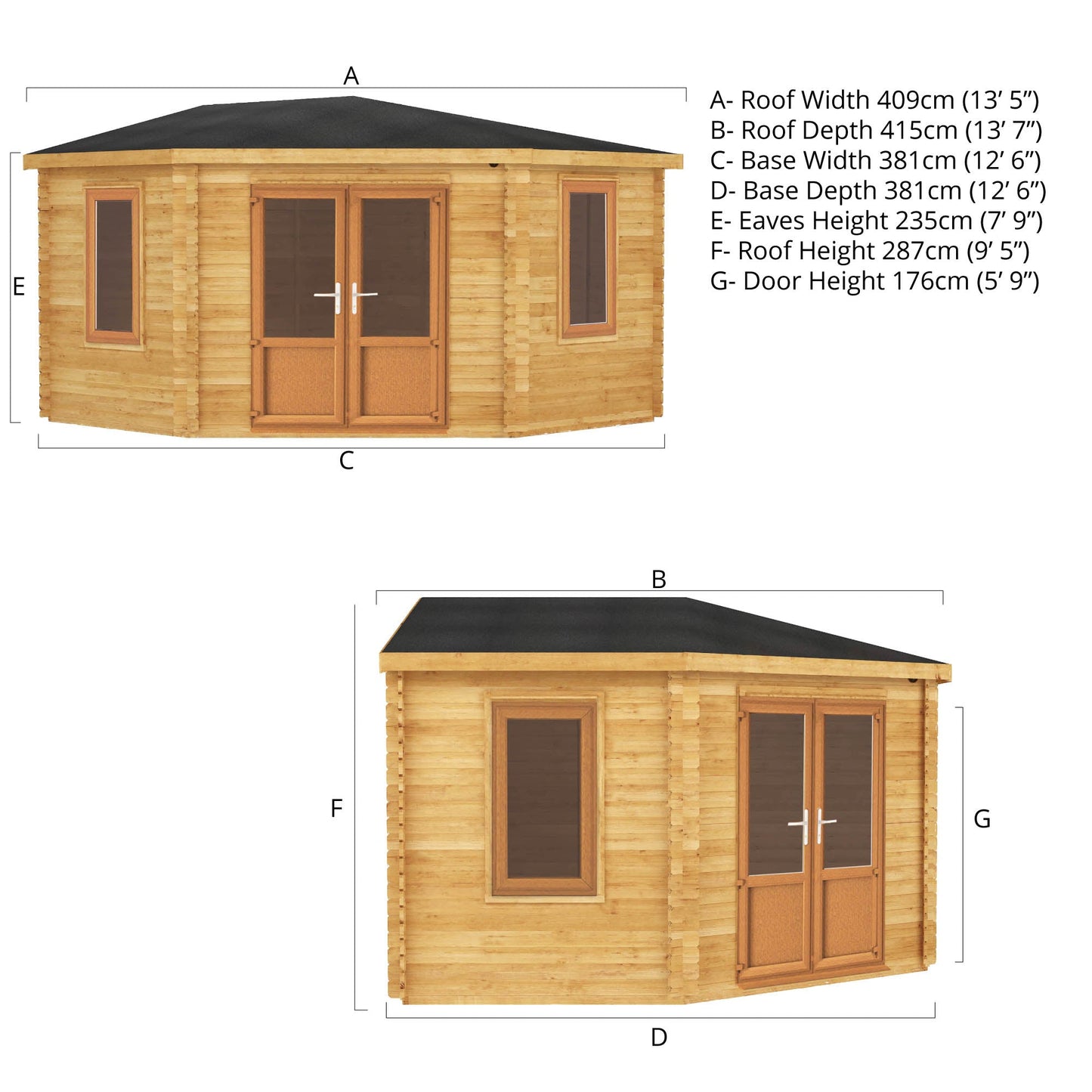 Mercia Corner 13' 7" x 13' 5" Hip Log Cabin - Premium 44mm Cladding Loglap - Brown UPVC