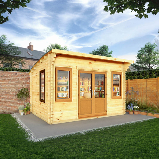Mercia Helios 11' 5" x 13' 4" Curved Log Cabin - Premium 44mm Cladding Loglap - Brown UPVC